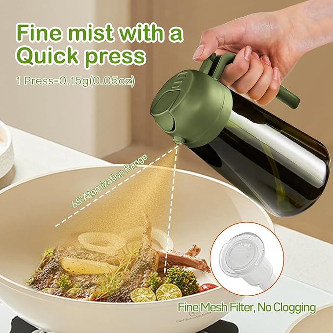 YARRAMATE 16oz/470ml Dark Green Oil Sprayer for Cooking with Stickers, Food-grade Premium 2 in 1 Olive Oil Dispenser Bottle for Kitchen Gadgets, Air Fryer, Salad, Frying, BBQ (OliveGreen)