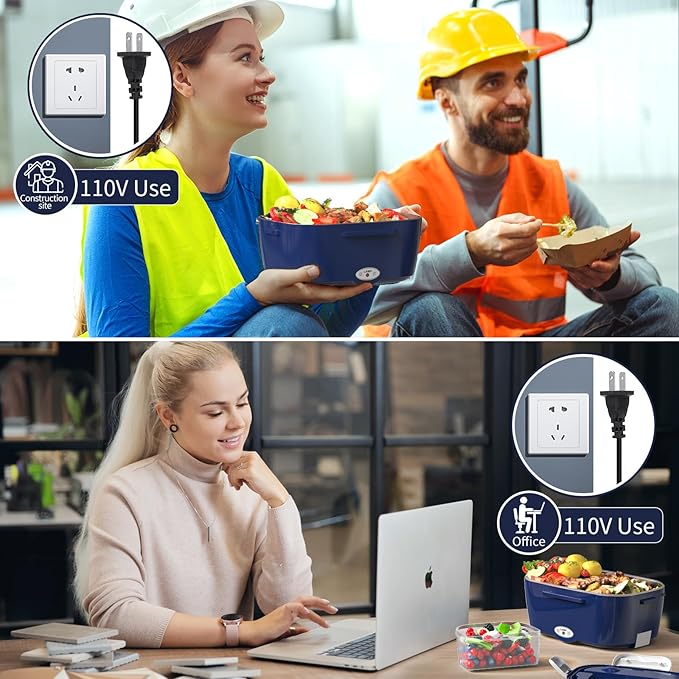 Vingud Electric Lunch Box Food Heater, 3 in 1 Heating Lunch Box for Work/Car/Truck, Heated Lunch Boxes for Adults with 1.5L Stainless Steel Container, 12V 24V 110V (Blue + White)