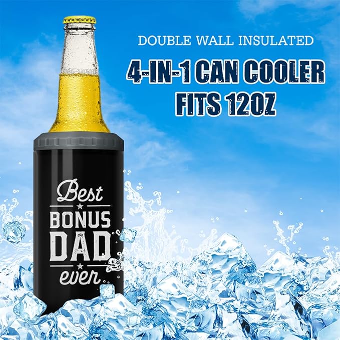 SANDJEST Bonus Dad Tumbler Gifts from Step Daughter Son - 12oz 4 in 1 Design Step Father Tumbler Cup Can Cooler - Best Bonus Dad Ever Insulated Cans Coozie Christmas, Birthday, Father's Day Gift