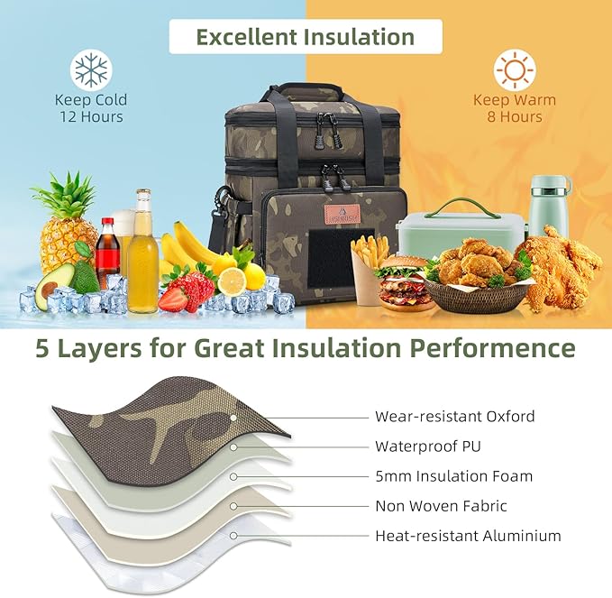 HSHRISH Lunch Box for men, Large Expandable Insulated Lunch Bag, Durable Waterproof Leakproof Tactical Cooler Bag for Men Work Beach Picnic Trips, 24 Cans/16 L, Black-Camo