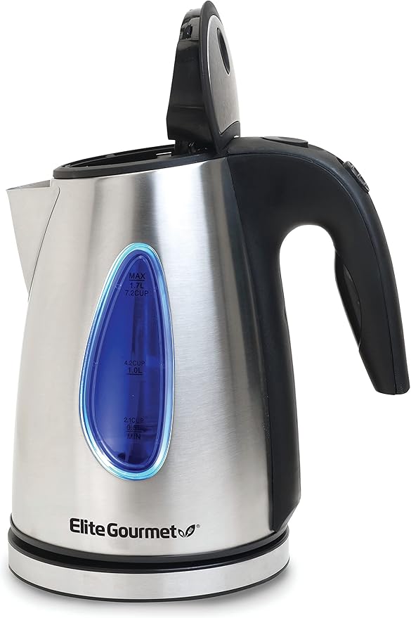 Elite Gourmet EKT-1271 Ultimate 1.7 Liter Electric Kettle – Stainless Steel Design & Cordless 360° Base, Stylish Blue LED Interior, Handy Auto Shut-Off Function – Quickly Boil Water For Tea & More