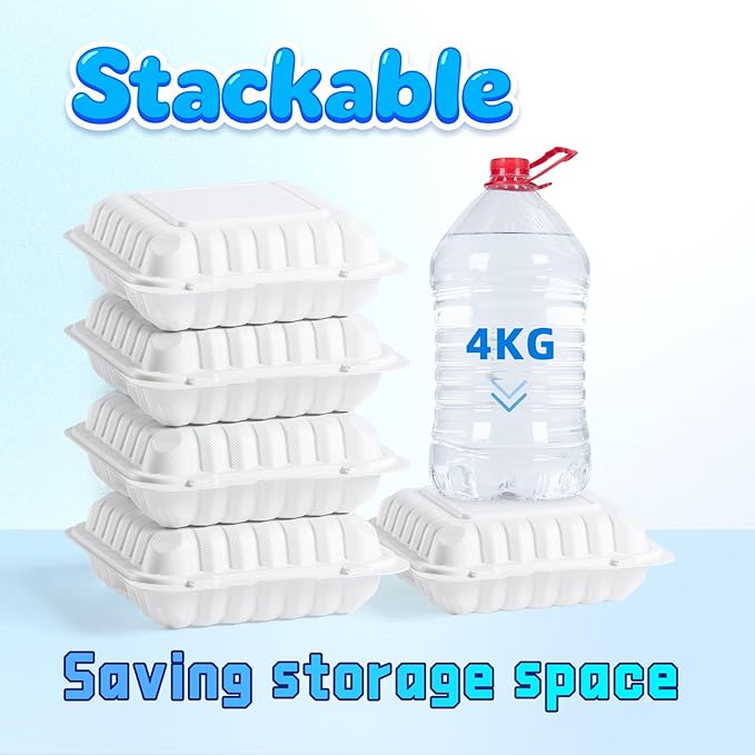 YANGRUI Food Containers 8 Inch 34 oz 55 Pack - Shrink Sealed & Stackable | BPA Free Mineral Filled PP Plastic | Heavy Duty Freezer & Microwave Safe | Restaurant Grade 3 Section White Lunch Boxes