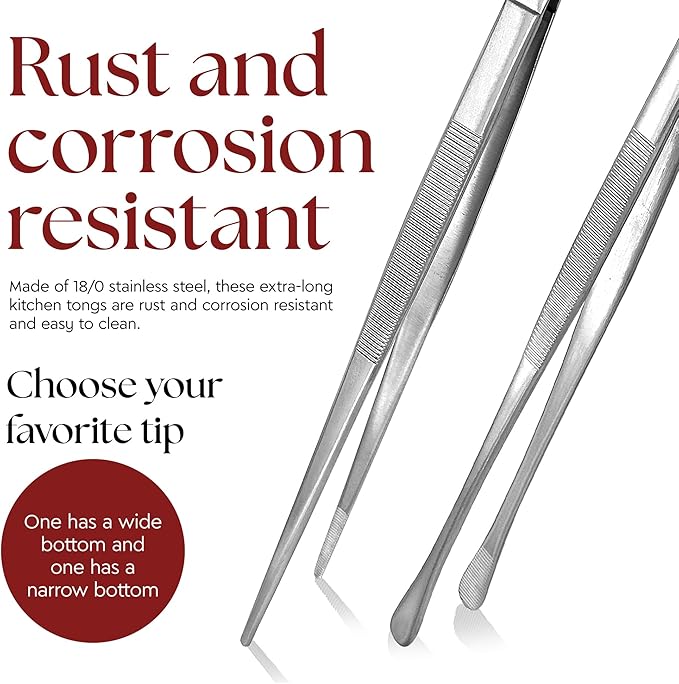 Namre' Tweezer Tongs for Cooking -Plating - 2 Pack Stainless Steel Cooking Tongs - Thin Chopstick Precise & Strong Chef Tweezers for Food & Small Objects - 12 Inch - (Silver)
