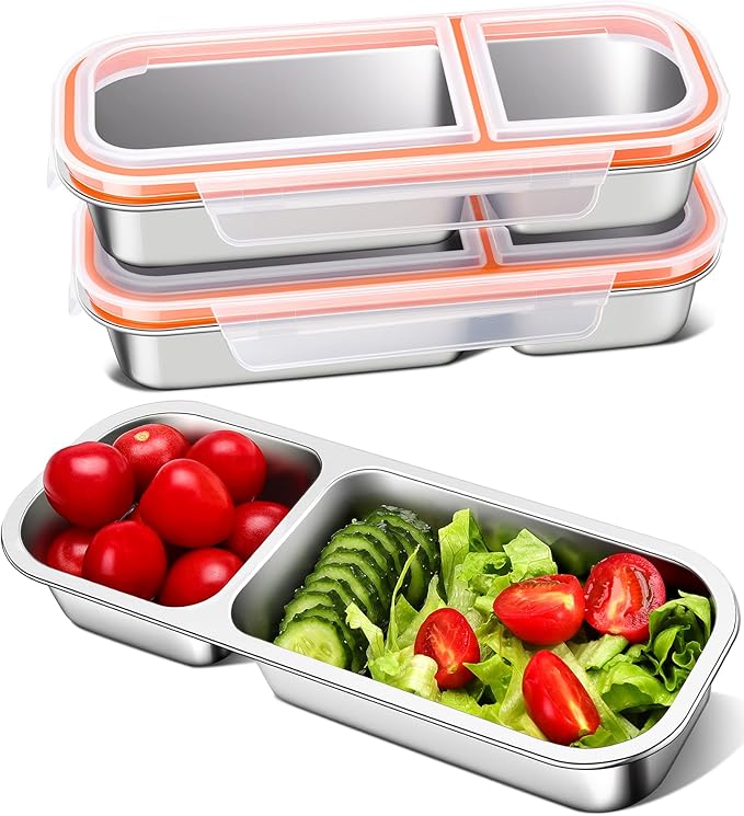 3 Pack Stainless Steel Snack Containers for Kids & Adults - Leek Proof Metal Bento Lunch Box with 2 Compartment - Lunchable Containers for Daycare, School, Work, Travel - Stackable Snack Bento Box