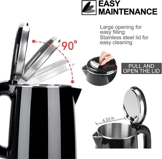 Secura Stainless Steel Double Wall Electric Kettle Water Heater for Tea Coffee w/Auto Shut-Off and Boil-Dry Protection, 1.0L (Black) SWK-1001DB/HB-K012