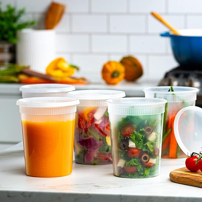 GUSTO [32 oz. - 24 Count Plastic Deli Containers with Lids - Disposable Food Storage Containers With Airtight Lids, Ideal for Soups, Stews, and Meal Prep (Formerly Comfy Package)