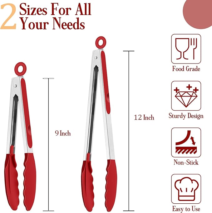 TeamFar Kitchen Tongs, 9" and 12" Stainless Steel Cooking Tongs with Silicone Tips for Cooking Grilling Serving & BBQ, Heat Resistant Silicone Tongs, Locking Design & Dishwasher Safe, Set of 2 & Red