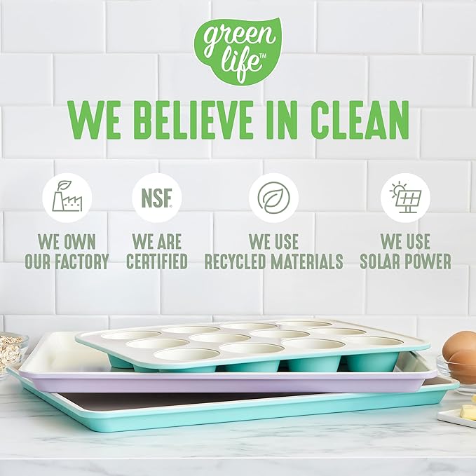 GreenLife 12-Cup Muffin Pan, PFAS-Free Healthy Nonstick Baking Tray, 11.4" x 1.9" x 15.9", Durable Ceramic Bakeware, Cupcakes, Egg Bites, Tarts, Brownies, Sage