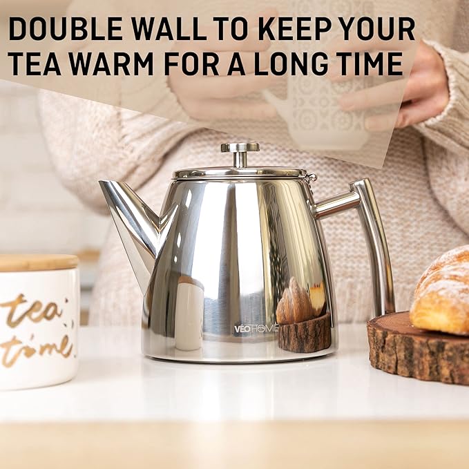 VeoHome Stainless Steel Tea Pot with Infuser - Keeps Heat Thanks to its Double Wall, Silver (0.5 Liter (17 oz))…