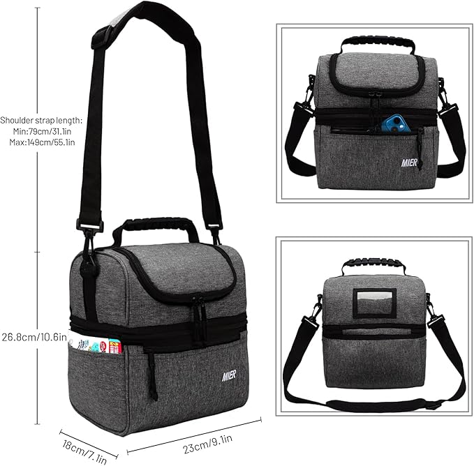 MIER 2 Compartment Lunch Bag for Men Women, Leakproof Insulated Cooler Bag for Work, Grey, Medium