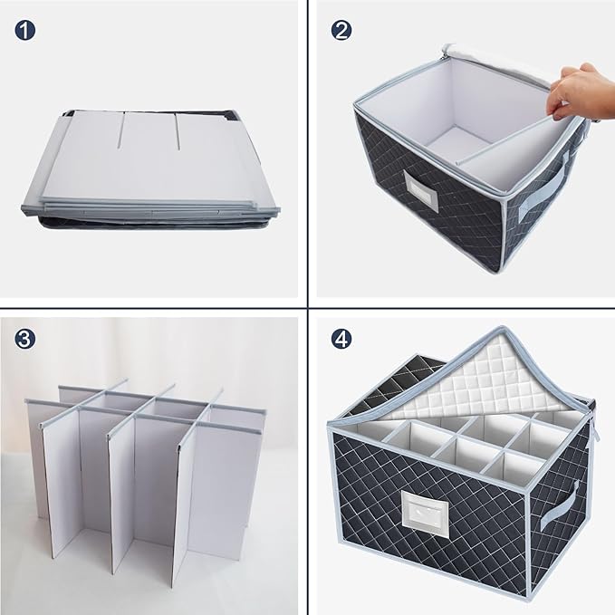 VERONLY Wine Glass Storage Box with Dividers Holds 24 Stemware Storage Cases or China Crystal Glassware Containers with Handles and Lable Window (15.5" x 12.5"x10")-Set of 2 Grey