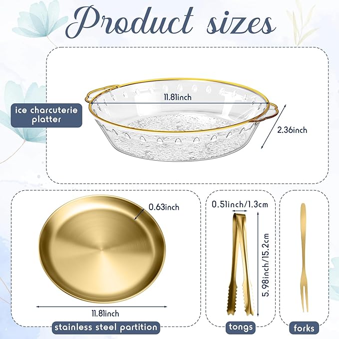 Baderke 4 Sets 11.8" Chilled Serving Tray for Parties Round Iced Platter with Ice Underneath Stainless Steel Clip Fruit Fork Shrimp Cocktail Serving Dish for Oysters Crawfish Fruits (Gold)