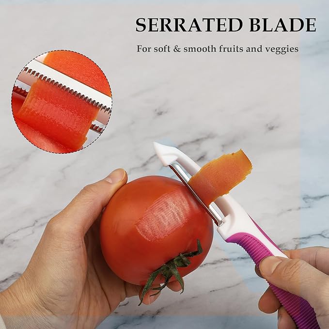 Vegetable Potato Peeler for Kitchen, 1 Piece Serrated Peeler for Soft Skin, 2 Pieces Straight Peeler for Apple Fruit Veggie, with Silicone Handle (Set of 3, Pink/Purple/Green)
