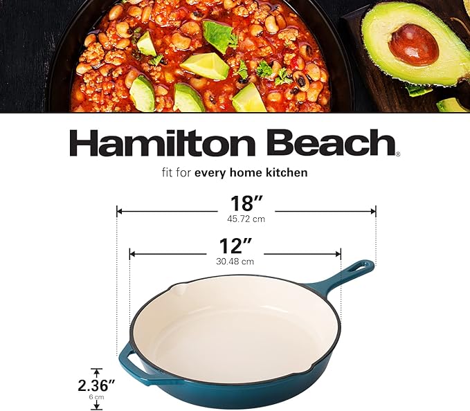 Hamilton Beach Enameled Cast Iron Fry Pan 12-Inch Navy, Cream Enamel Coating, Skillet Pan For Stove top and Oven, Even Heat Distribution, Durable