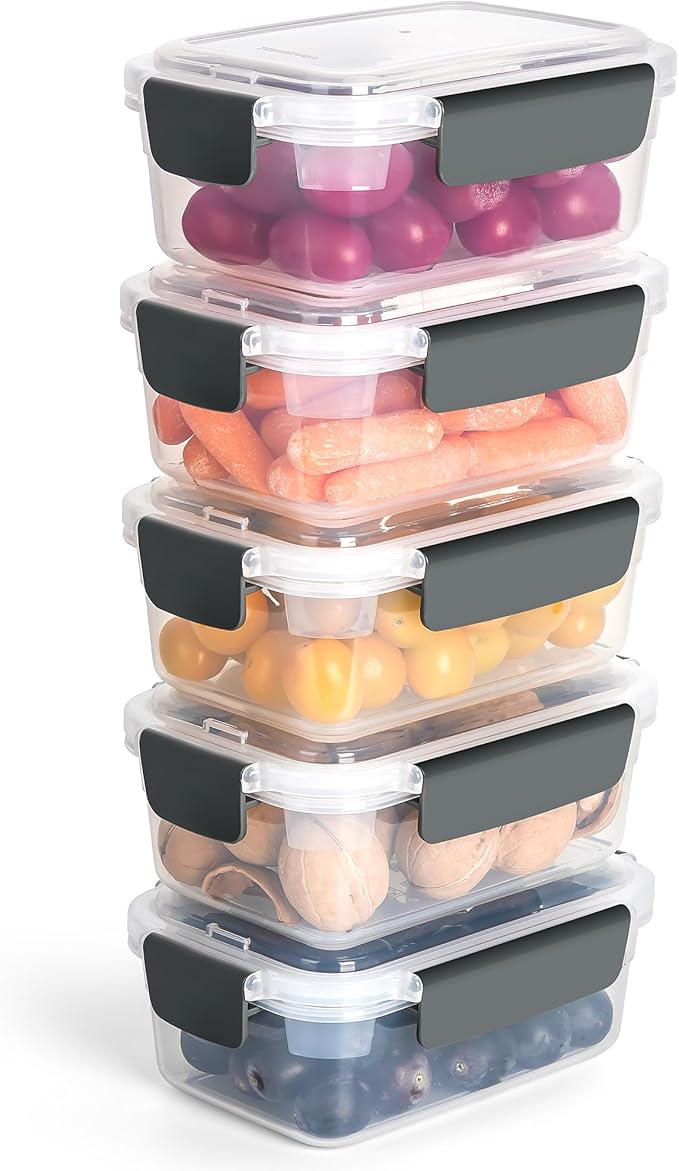 YORY 3 cup Plastic Food Storage Containers with Lids Nestable Freezer Dishwasher Safe Rectangle Container Set,5-Pack