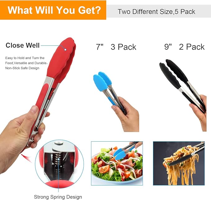 Kitchen Tongs with Silicone Tips - ForTomorrow Set of 5, 7 9 Inch Premium Silicone Tipped Tongs for Cooking Heat Resistant, Serving Food, BBQ