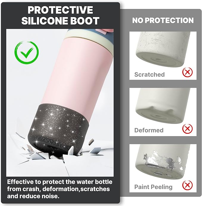 Silicone Water Bottle Boot for Owala 14/16oz, Anti-Slip Protective Sleeve Bottom Bumper Protector for Owala Kids 12 oz Tumbler, Flip 14 oz and FreeSip 16 oz Water Bottle (Glitter Black)