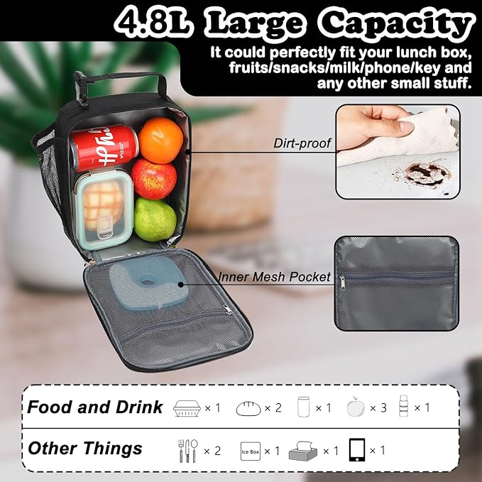 FlowFly Lunch box Insulated Soft Bag Mini Cooler Back to School Thermal Meal Tote Kit With Buckle and Mesh Side Pocket for Girls, Boys, BlackWithLetter