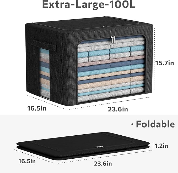 Extra Large Clothes Storage Bins Box - Linen Fabric Foldable Stackable Container Organizer Set with Clear Window & Carry Handles & Metal Frame (Black, Extra Large-100L)