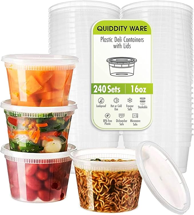 Deli Containers with Lids Leakproof - 240 Pack BPA-Free Plastic Microwaveable Clear Food Storage Container Premium Heavy-Duty Quality, Freezer & Dishwasher Safe (16oz 240 Sets)