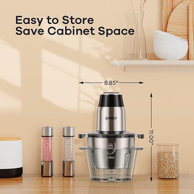 GANIZA Food Processors, Electric Food Chopper with Meat Grinder & Vegetable Chopper - 2 Bowls (8 Cup+8 Cup) with Powerful 450W Copper Motor - Includes 2 Sets of Bi-Level Blades (B0FNCM5JNM)