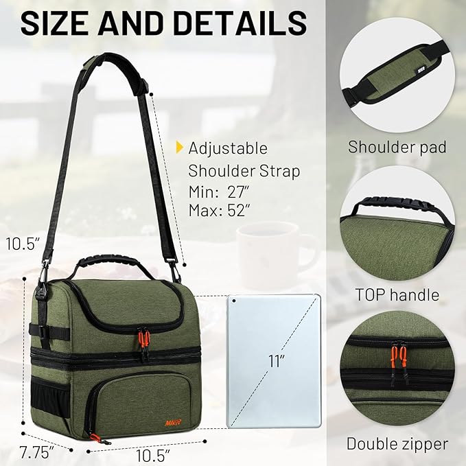 MIER Dual Compartment Lunch Bag Tote with Shoulder Strap for Men and Women Insulated Leakproof Cooler Bag, Army Green
