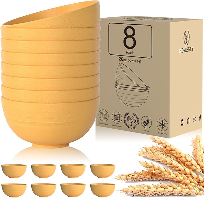 Homienly Unbreakable Cereal Bowls, Wheat Straw Bowl Set 8 PCS, Microwave and Dishwasher Safe Bowl for Soup, Cereal, Salad, Snack, Rice, Reusable Plastic Bowls for Kitchen, RV, Gathering (Yellow,26 OZ)