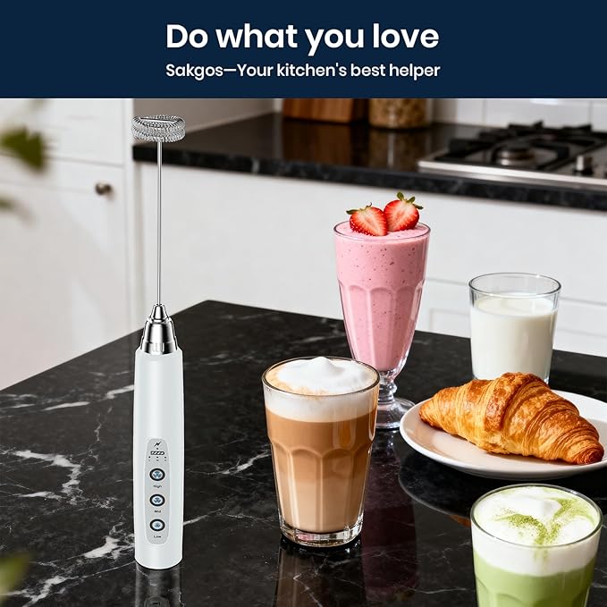 Milk Frother Rechargeable Handheld-Electric Whisk 3 Speed Adjustable, Coffee Frother Wand with 3 Stainless Whisks, Electric Foam Maker, Drink Mixer Blender for Latte Cappuccino Matcha Egg