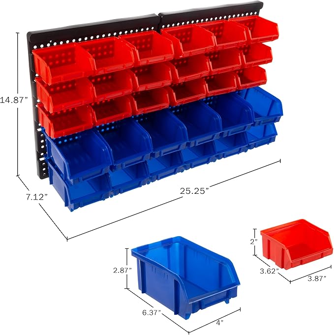 15-Bin Garage Organization Rack - Carbon Steel Rack with Removable Stackable Plastic Garage Storage Bins - Tools Organizer or Small Parts Organizer for Hardware,