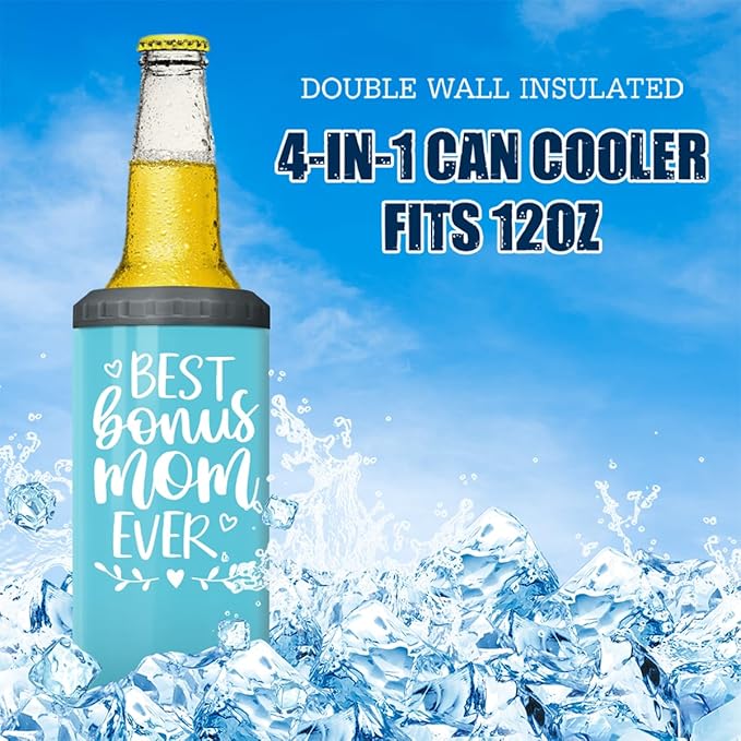 SANDJEST 4-in-1 Mom Tumbler Can Cooler Gifts for Mom from Stepson, Stepdaughter - 12oz Best Bonus Mom Ever Stainless Steel Insulated Cans Coozie Cup Mug Christmas, Birthday, Mother's Day Gifts