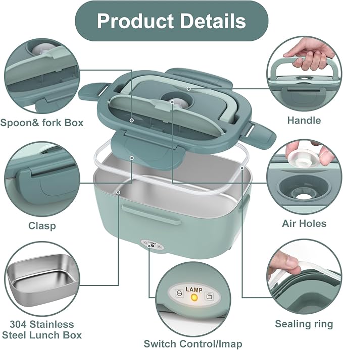 Electric Lunch Box Food Heater, 3 in 1 Ultra Quick Heated Lunch Boxes for Adults, 12V/24V/110V Portable Food Warmer for Car/Truck/Office With Fork Spoon and Insulated Carry Bag