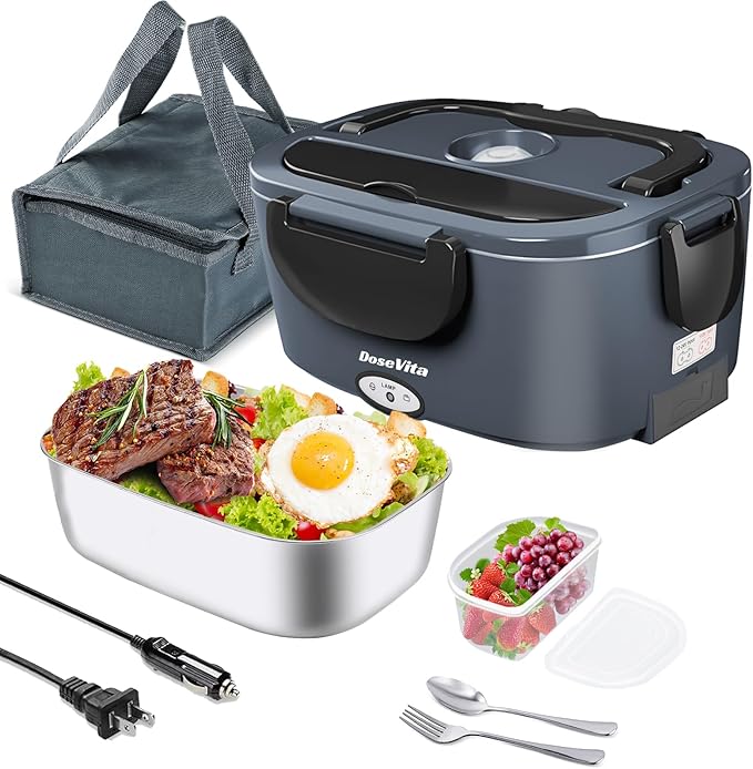 Electric Lunch Box for Adults, 80W Heated Lunch Box, 1.5L Stainless Steel Container | 12V/24V (Car/Truck) & 110V (Office/Home) | with Fork&Spoon and Insulated Carry Bag