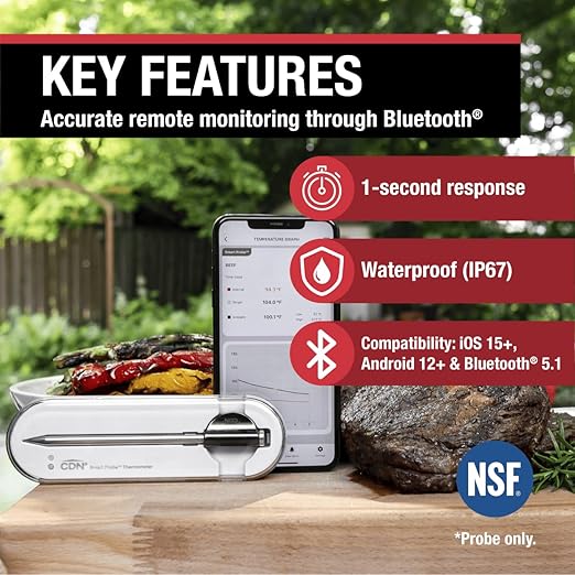 CDN Smart Probe Bluetooth Meat Thermometer | Wireless Digital Thermometer with NSF Certified Probe | Remote Temperature Monitoring via App for iOS & Android | for Oven, BBQ, Grill, Smoker | STP212
