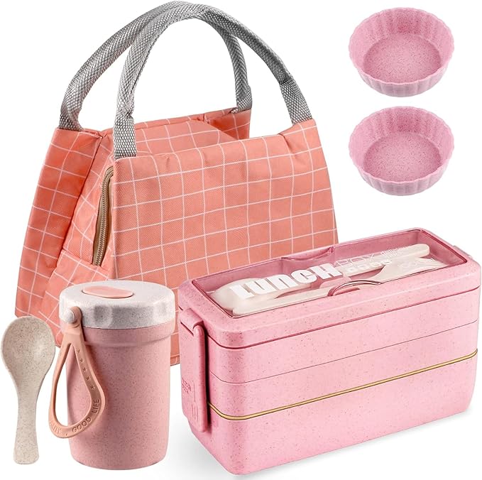 Stackable Bento Box with Lunch Bag, 3 Compartment Japanese Lunch Containers, Wheat Straw, All-in-1 Bento Lunch Box Kit for Adults Meal Prep Lunch Snack by Iteryn
