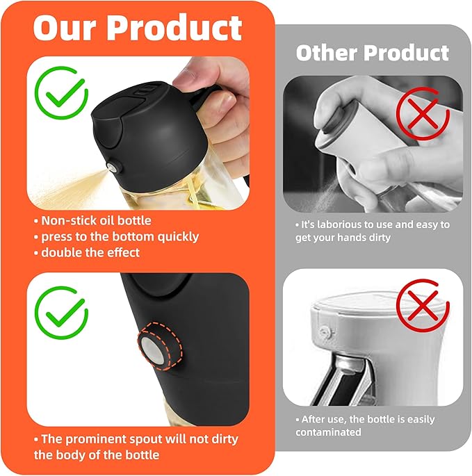 TrendPlain 16oz/470ml Glass Olive Oil Sprayer for Cooking – 2 in 1 Olive Oil Dispenser Bottle for Kitchen Gadgets and Air Fryer Accessories, Salad, BBQ - Black & Green