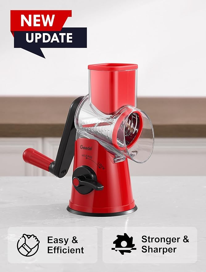 Geedel Rotary Cheese Grater Cheese Shredder with 5 Interchangeable Blades - Upgraded Rotary Grater Featuring Strong Suction Base for Cheese Shredding, Wavy Slicing, Nut Grinding, and Ice Shaving