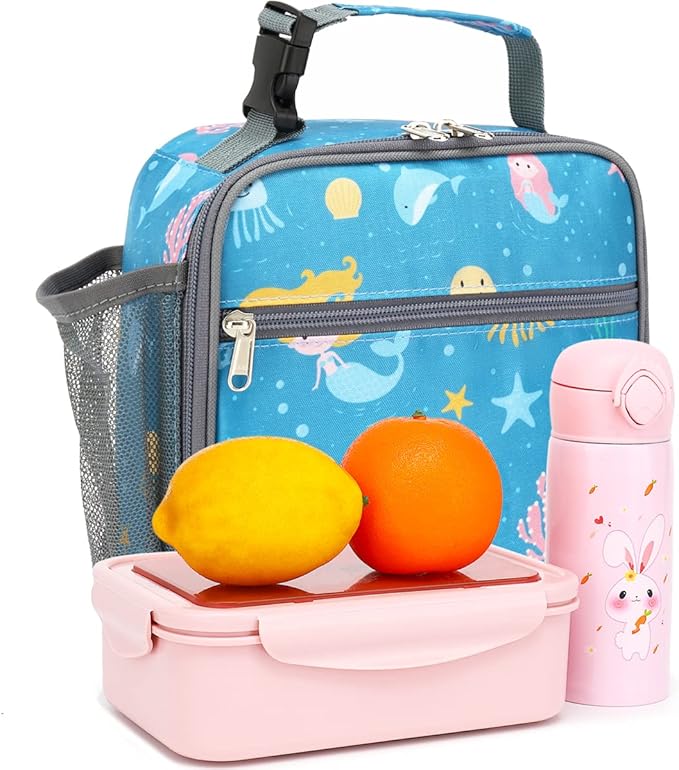 FlowFly Kids Lunch box Insulated Soft Bag Mini Cooler Back to School Thermal Meal Tote Kit for Girls, Boys, Mermaid