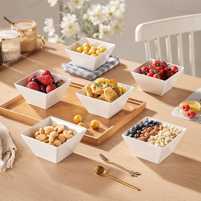 Porcelain Small Serving Bowls Set of 6, 13 Oz Square Cereal Bowls, 4.6" White Ceramic Dessert Bowls for Salad, Dip, Soup, Snack, Fruits, Small Portions, Dishwasher & Microwave Safe