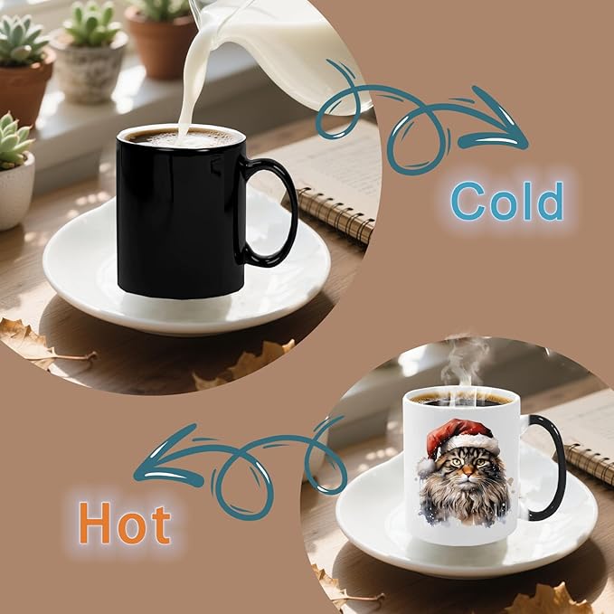 Caliamary Heat Changing Mug, Funny Cat Heat Changing Ceramic Coffee Mug, 11 oz Heat Sensitive Color Changing Coffee Mug Cup, Cute Xmas Gift Mug for Women Men Kids… (Brown cat)