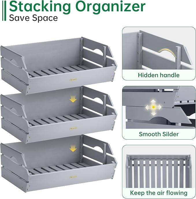 HABAU Wood Potato Onion Storage Bins - Wooden Stackable Produce Basket - Fruit Vegetable Storage for Kitchen Pantry Organization, Set 3 Pieces