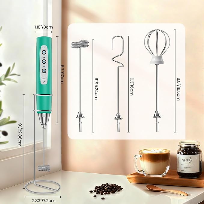 Milk Frother Handheld Rechargeable with Stand, Frother Wand Drink Mixer Electric Whisk for Coffee, Detachable With 3 Stainless Whisks, Hand Mixer for Lattes, Cappuccino, Matcha, Egg, Green