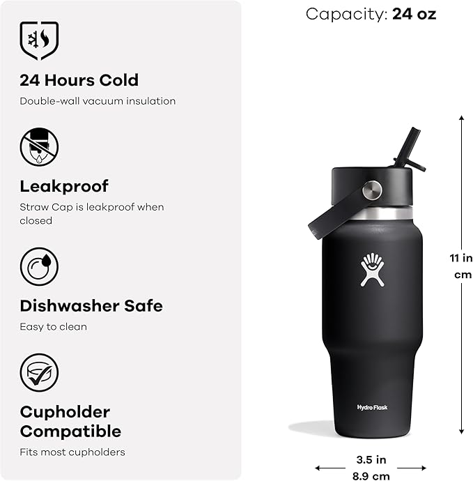 Hydro Flask Travel Water Bottle - Insulated Stainless Steel - Wide Straw Lid, Non Spill, Leakproof in 24 Oz Beachplum Purple
