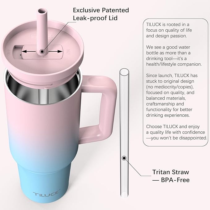 TILUCK 40 oz Tumbler with Handle, Vacuum Insulated Stainless Steel Travel Mug with 100% Leak-Proof Silicone Straw Lid, Cupholder Friendly Water Bottle(PinkBlueGradient, 40oz)
