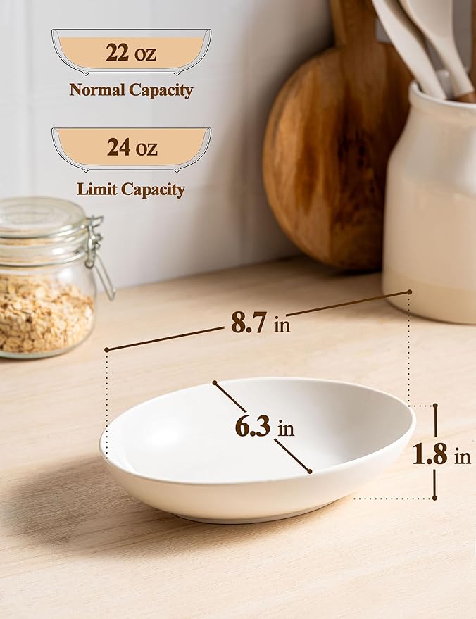 8.6" Oval Serving Bowls, 24 oz Small Oval Bowl for Side Dishes, Salad, Pasta, Snacks, White Ceramic Serving Dish, Set of 4