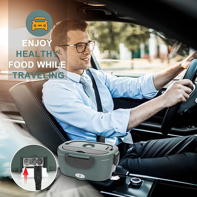 Monteka Electric Lunch Box Food Heater - Leakproof Portable Food Warmer heated lunch box for adults for Car/Home/Truck with 1.5L Removable Stainless Steel Container, 12V/24V/110V, Green