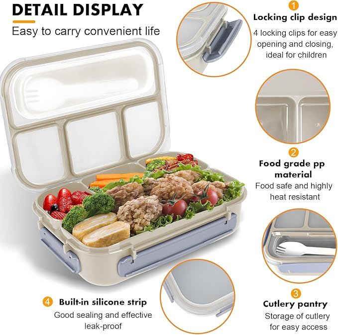 Bento Box Adult, Lunch Box Containers for Adults Men Women, 5 Cup Bento with 4 Compartments &Spork &Sauce Box, Leak-Proof, Microwave/Dishwasher Safe(Beige)
