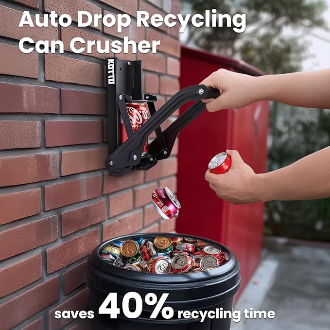 Kotto Can Crusher - Wall Mounted Can Crushers for Recycling - with Auto-Drop System -Built-in Bottle Opener-Crushes 8-16oz Cans-Includes Kitchen Storage Bag-Heavy Duty Can Crusher for Home Use-Black