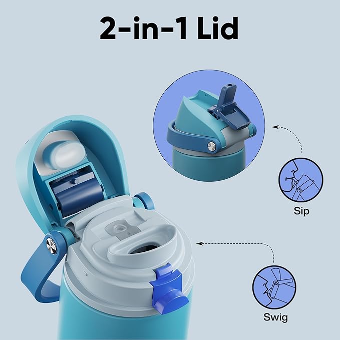 Insulated Water Bottle with Straw - Encool Stainless Steel Water Bottle with Push Button Lid, Leak-Proof & BPA-Free, Keeps Cold for 24 Hours for Sports, Travel, Gym (18 oz, Silk Blue)