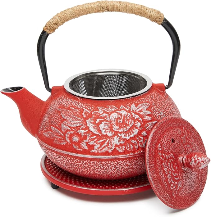 Juvale Japanese Cast Iron Teapot with Infuser - Red, 27 oz (800 ml), 3-Pc Teapot Set - Stovetop Kettle for Loose Leaf Brewing - Removable Stainless Steel Infuser & Trivet Included