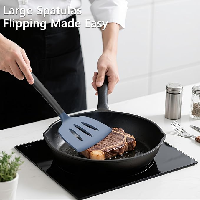 Coukre 3 Pack Silicone Spatula Set, High Heat Resistant, BPA-Free, Fish Spatula, Solid & Slotted Turner for Non-Stick Pans, Flipping Eggs, Pancakes, Fish, Burgers (3, DarkBlueBlack)